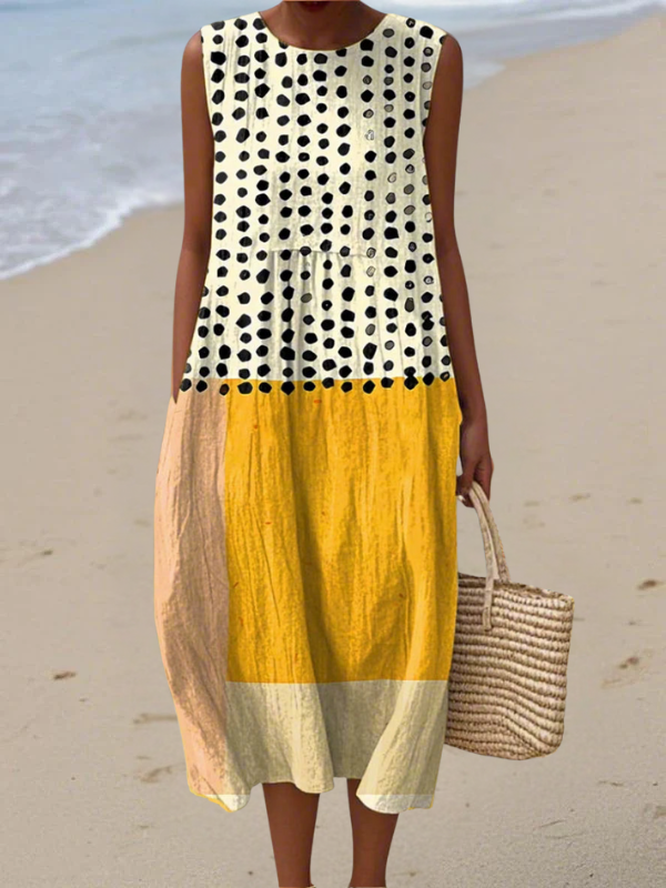 Daniela – Abito Midi a Pois e Blocchi di Colore